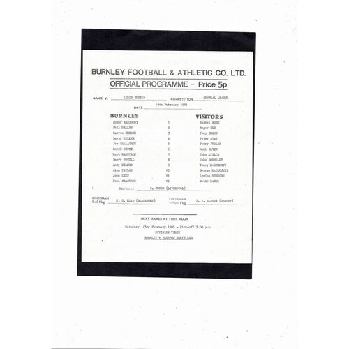 Burnley v Leeds United Central League Football Programme 1984/85