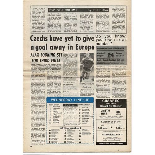 Derby County v Spartak Trnava European Cup Football Programme 1972/73