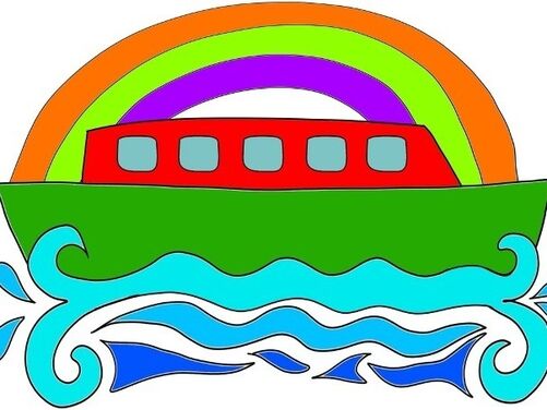 An orange, yellow and purple rainbow above a canal boat, which is red on top with five square blue windows and has a green base. Blue waves curling along the base of the boat and currents to the bottom of the image.
