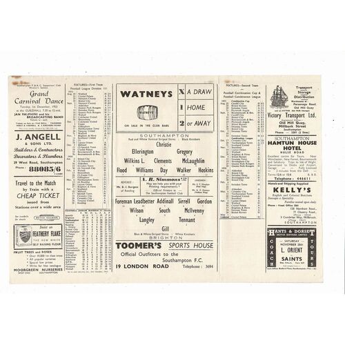 1953/54 Southampton v Brighton Football Programme