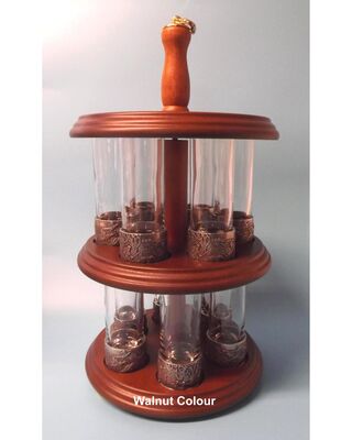 Embossed Hunting Scenes on Polished Pewter Based/ Clear Shot Glasses x 12 on Stand. 2 x each of our embossed scene glasses