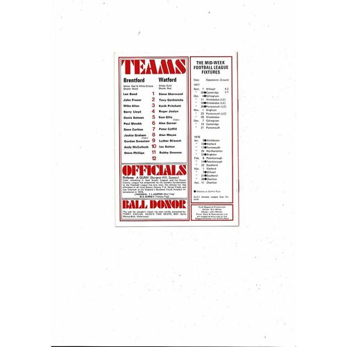 1977/78 Brentford v Watford Football Programme