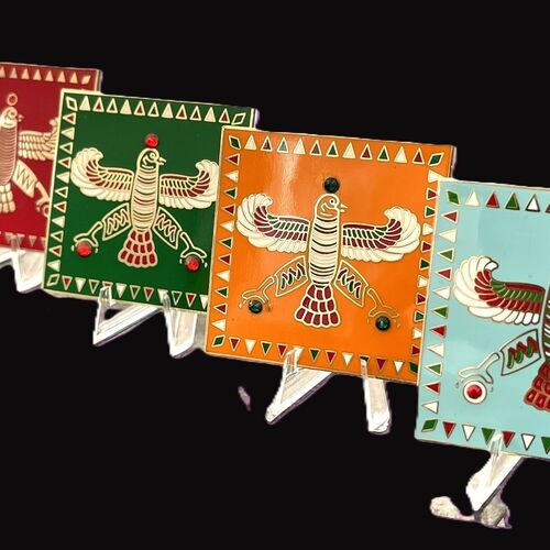 Display & Magnet Tile. The Persian Falcon. Deep Orange with 3 Green stones.