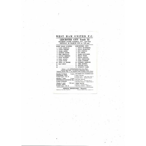 West Ham United v Leicester City SJF Cup Semi Final Programme 1978/79