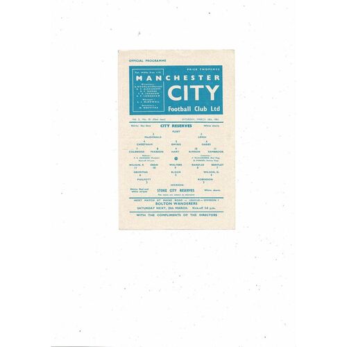 Manchester City v Stoke City Central League Football Programme 1960/61