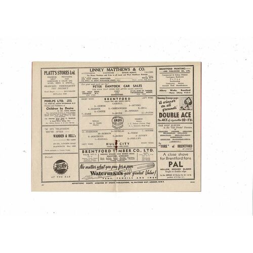1951/52 Brentford v Hull City Football Programme