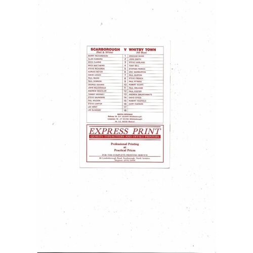 1990/91 Scarborough v Whitby Town Yorks & Humberside Cup Football Programme