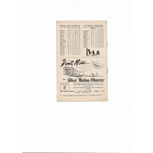 1958/59 Queens Park Rangers v Rochdale Football Programme