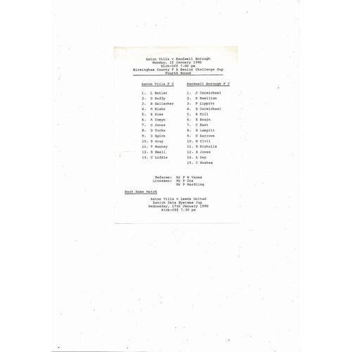 Aston Villa v Sandwell Borough Birmingham County Cup Football Programme 1989/90
