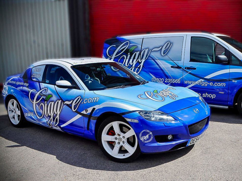 Fleet of vehicles with matching company livery for Cigg-e Electronic Cigarette shop.