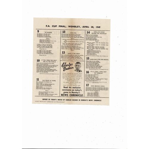 1949 Leicester City v Wolves FA Cup Final Football Programme + Song Sheet