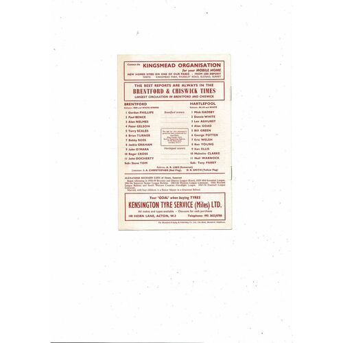 1971/72 Brentford v Hartlepool Football Programme