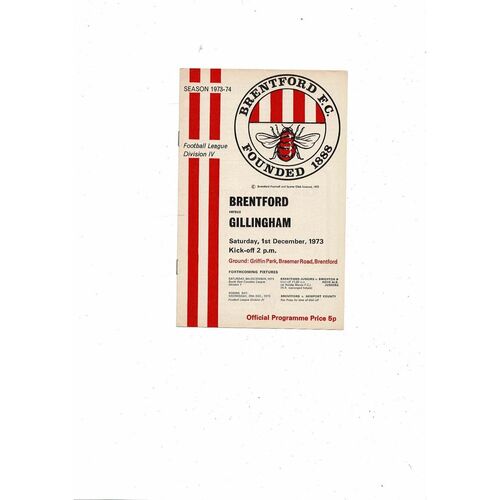 1973/74 Brentford v Gillingham Football Programme
