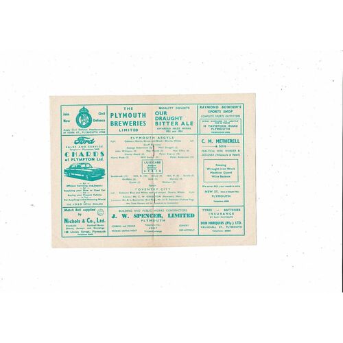 1957/58 Plymouth Argyle v Coventry City Football Programme
