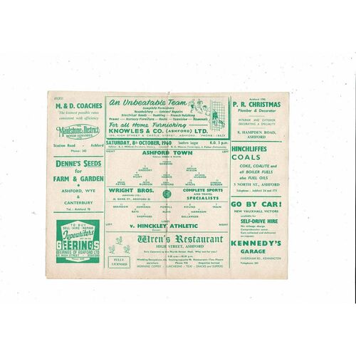 1960/61 Ashford Town v Hinckley Athletic Southern League Football Programme