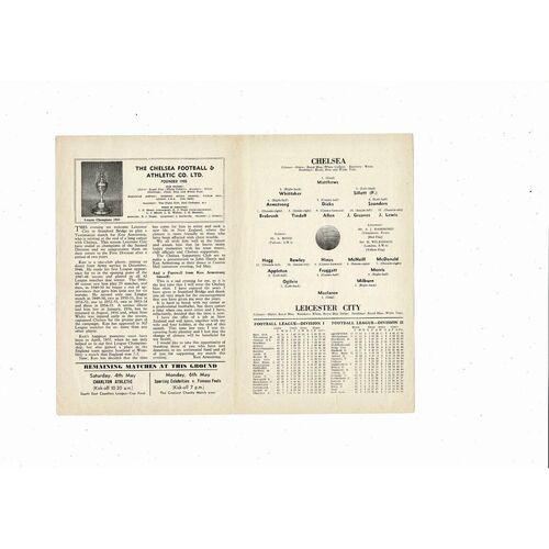 Chelsea v Leicester City Ken Armstrong Testimonial Football Programme 1956/57