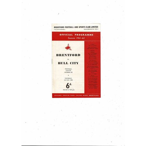1961/62 Brentford v Hull City Football Programme
