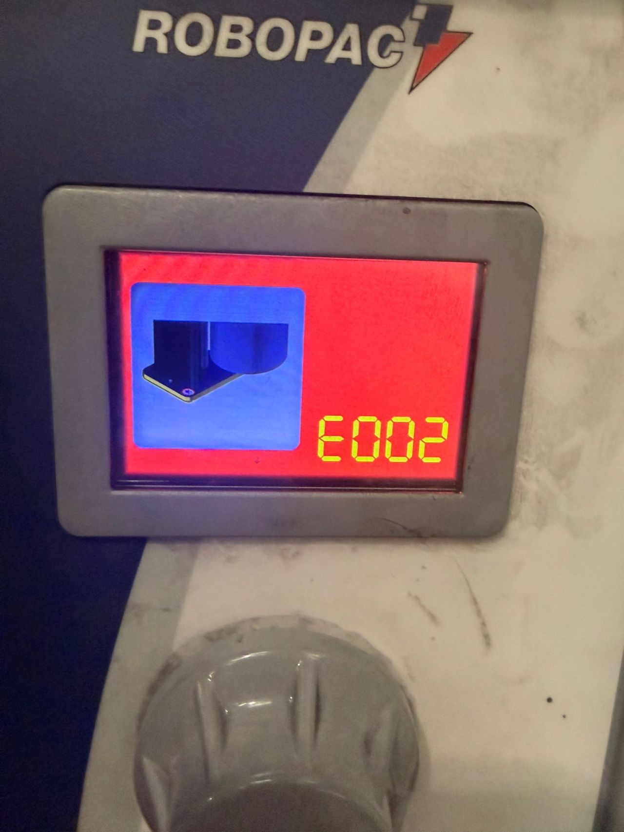 Pallet wrapper control panel showing alarm condition