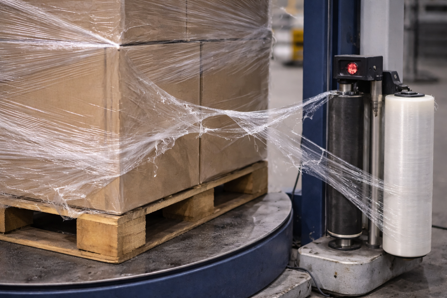 Stretch film incorrectly threaded through the carriage rollers on a pallet wrapper