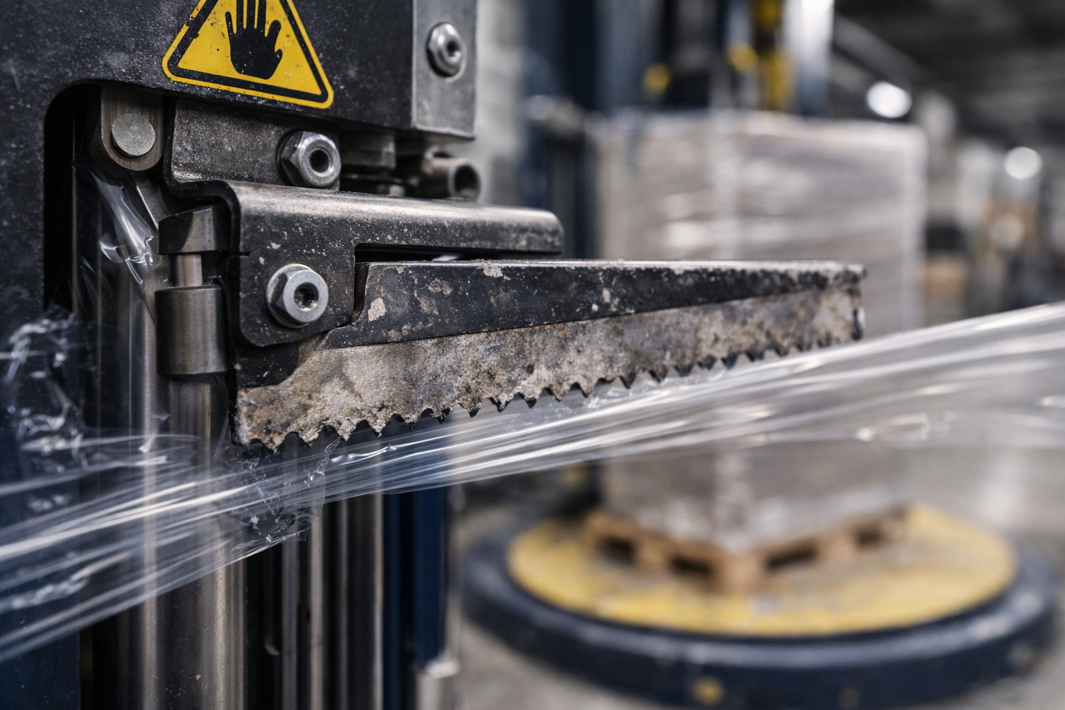 Worn or damaged cutter blade on a pallet wrapper film clamp/cutter assembly