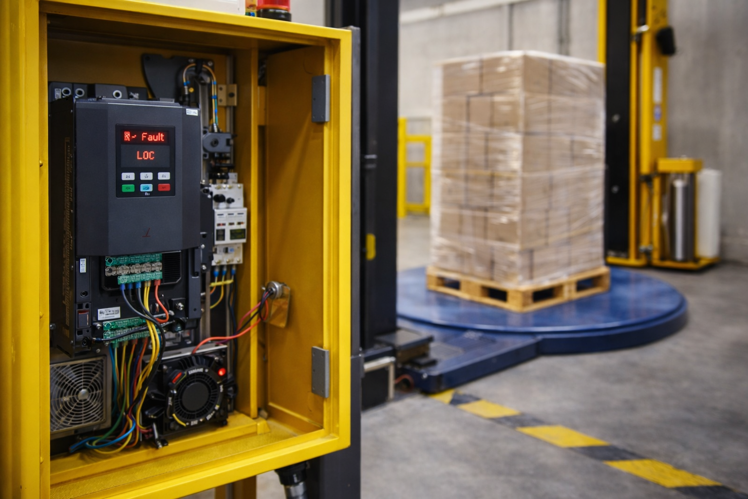 Inverter or drive fault on a pallet wrapper limiting speed or torque