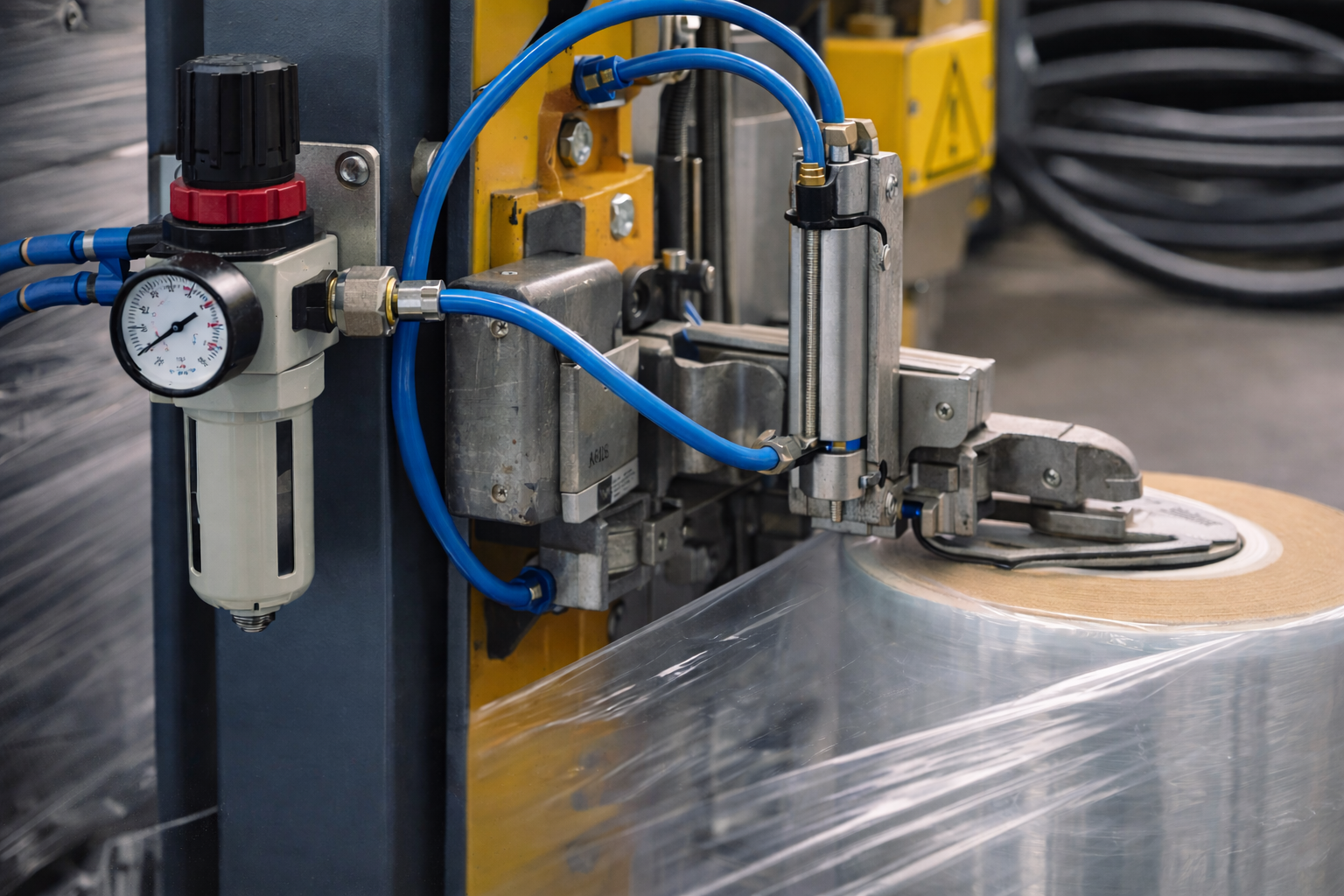 Pneumatic line and regulator on a pallet wrapper affecting cut-and-clamp operation