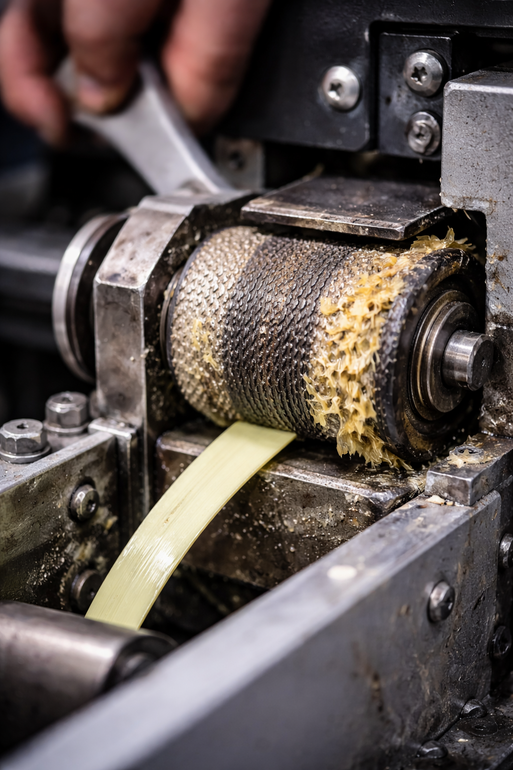 Worn gripper or brake/clutch area on a strapping machine tension head causing the strap to relax after tensioning