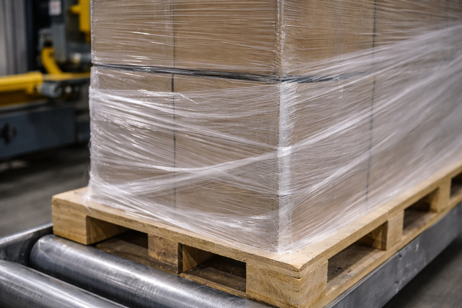 Film tension or pre-stretch setting issue causing uneven film overlap on a pallet wrapper