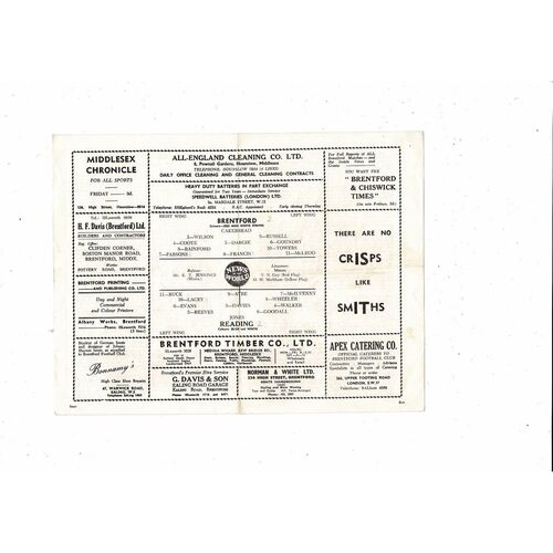 1959/60 Brentford v Reading Football Programme