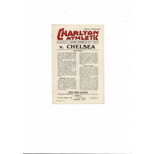 1952/53 Charlton Athletic v Chelsea Football Programme