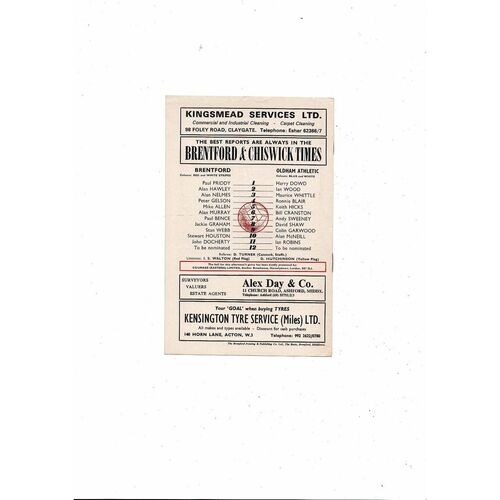 1972/73 Brentford v Oldham Athletic Football Programme