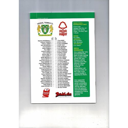 Yeovil Town v Nottingham Forest Play Off Football Programme 2006/07