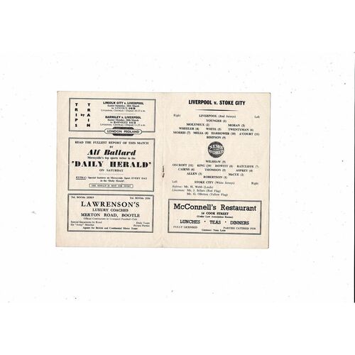 1958/59 Liverpool v Stoke City Football Programme