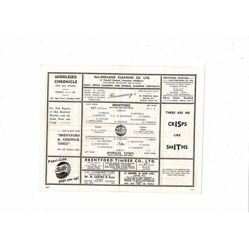 1956/57 Brentford v Ipswich Town Football Programme