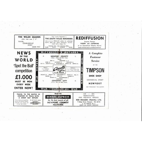 1960/61 Newport County v Coventry City Football Programme