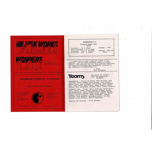 Deveronvale v Coventry City Friendly Football Programme 1984/85