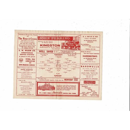 1962/63 Kingstonian v Wimbledon Surrey Senior Cup Football Programme
