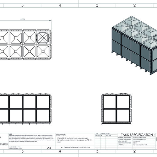 PW.4X2X2.TIF.AG - 19,183 LITRE SECTIONAL WATER TANK, TOTALLY INTERNALLY FLANGED (TIF)