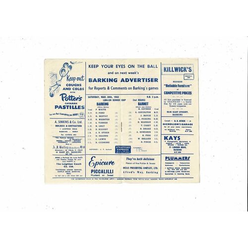 1962/63 Barking v Barnet London Senior Cup Football Programme