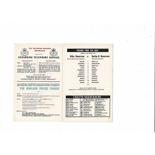 1966/67 Aston Villa v West Ham United & Derby County Reserves Double Football Programme
