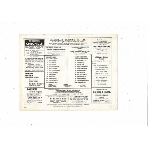 1968/69 Brentford v Norwich City League Cup Football Programme