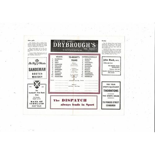 Hearts v Inter Milan Inter Cities Fairs Cup Football Programme 1961/62