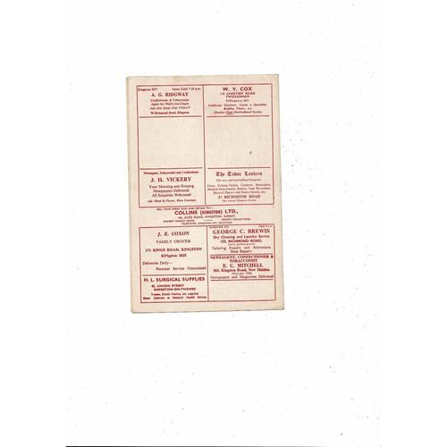 1962/63 Kingstonian v Wimbledon Surrey Senior Cup Football Programme