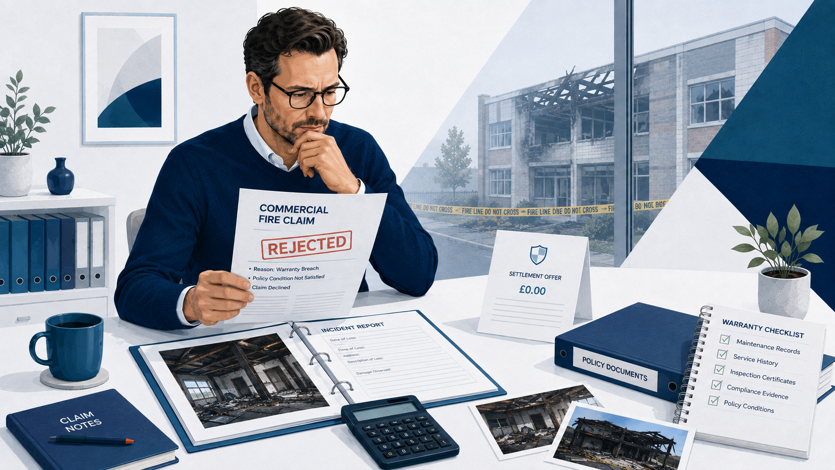 Business owner reviewing a rejected commercial fire insurance claim with warranty and fire-safety documents