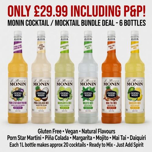 Monin Summer Cocktail & Mocktail Mix Bundle – 6 x 1L Bottles (Porn Star Martini, Piña Colada, Margarita, Mojito, Mai Tai, Daiquiri)