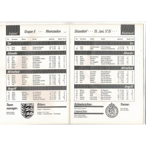 Euro 88 England v Holland Football Programme