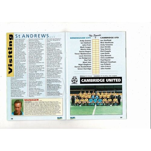 Birmingham City v Cambridge United Anglo Italian Cup Football Programme 1992/93