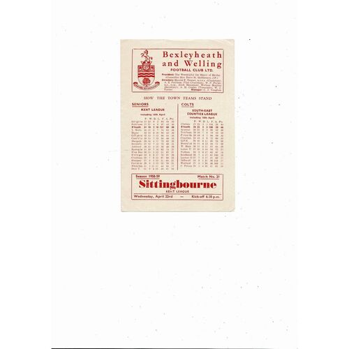 1958/59 Bexleyheath & Welling v Sittingbourne Kent League Football Programme