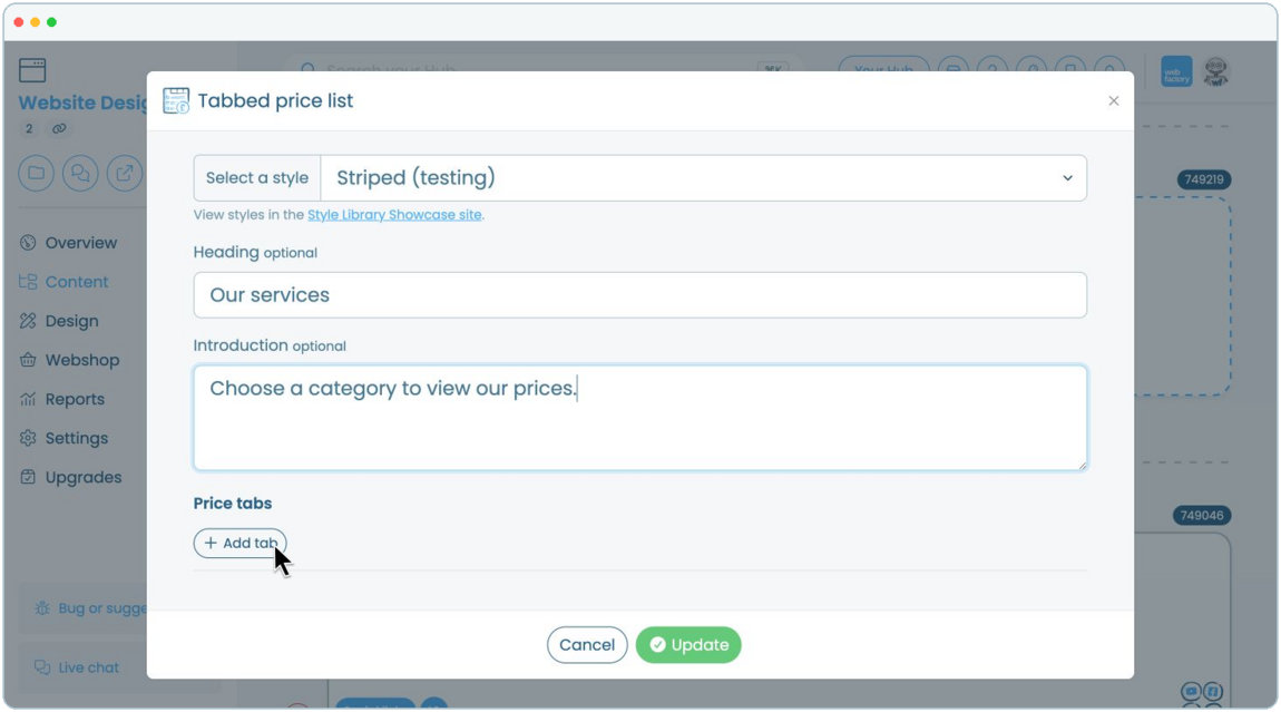 How to add a tabbed price list to a website page | Webfactory Support | Webfactory