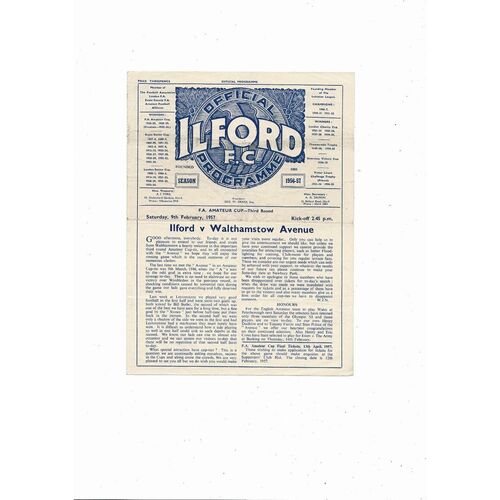 1956/57 Ilford v Walthamstow Avenue FA Amateur Cup Football Programme